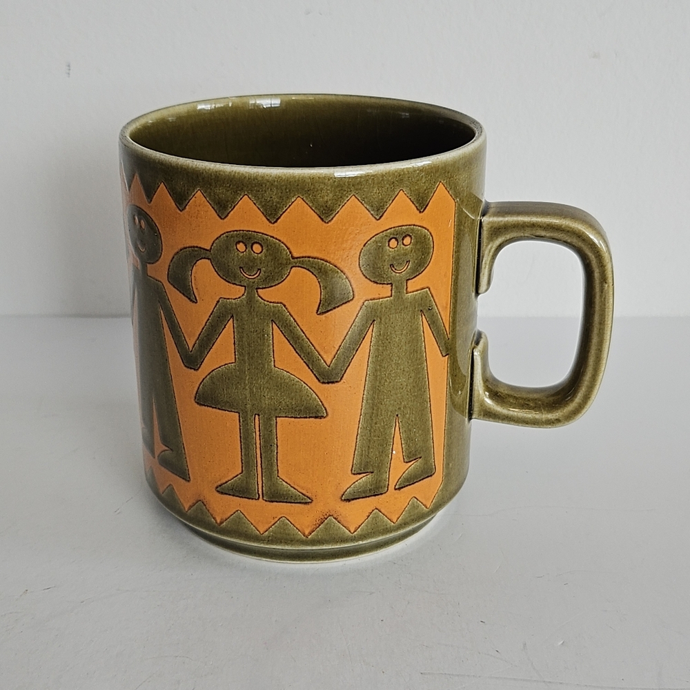 Vtg Hornsea Coffee Mug John Clappison Children Holding Hands 1970's Orange HTF